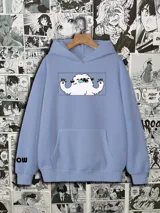 Buzo canguro celeste con capucha y bolsillo delantero. Estampado en el pecho con un personaje de la serie SK8 The Infinity.