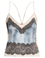 Top Diesel T-Asty de satén color celeste con encaje negro en escote y ruedo, tirantes finos regulables y logo metálico en la espalda.