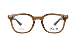Armazón de lentes Klix modelo 107AU color marrón traslúcido, con diseño clásico de carey suave y detalles metálicos en las esquinas frontales.