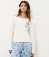 Blusa de pijama de manga larga confeccionada en tejido rib acanalado color blanco. Presenta cuello redondo en tono celeste contrastante y una estampa localizada de un osito cariñosito en el pecho.