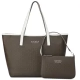 Cartera tipo tote bag Guess Keira en color marrón con estampado monograma y detalles en blanco, incluye un práctico estuche con cierre y correa de mano.
