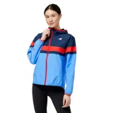 Campera deportiva New Balance de dama, color azul con detalles en rojo y azul marino.