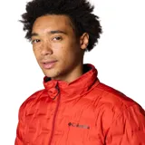Campera técnica de plumón Columbia, color rojo, con tecnología Omni-Heat termorreflectante y construcción HeatSeal sin costuras. Cuenta con cierre frontal completo, cuello alto con protección para la barbilla, bolsillos laterales con cierre y puños ribeteados.