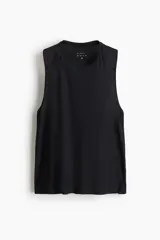 Musculosa deportiva DryMove color negro, con cuello redondo, corte estándar y aberturas laterales en el bajo.