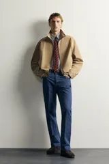 Cazadora regular fit de la colección Aaron Levine x ZARA, confeccionada en tejido con mezcla de algodón con patrón de cuadros pequeños en tonos beige y marrón. Cuenta con cuello subido, manga larga con puño ajustable con botón a presión, bolsillos de vivo en la cadera, bajo ajustable con elástico en los laterales y cierre frontal con cremallera.
