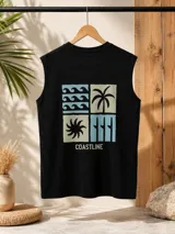 Musculosa negra de corte relajado con estampa frontal dividida en cuatro paneles que incluyen motivos de olas, palmera, sol y tablas de surf, acompañada por la palabra Coastline.