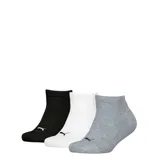 Pack de tres pares de medias cortas tipo sneaker marca Puma, en colores negro, blanco y gris, con logo de la marca bordado en la parte frontal.