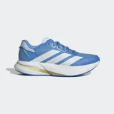Championes de running Adidas Duramo Speed 2, color azul con las icónicas tres tiras laterales en blanco. Presentan una suela con tecnología Lightstrike para mayor amortiguación y detalles en amarillo pálido en la mediasuela.