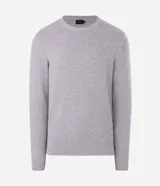 Suéter de punto para hombre, color celeste, con textura acanalada horizontal, cuello redondo y mangas largas con puños ajustados.