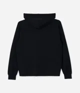 Campera deportiva negra con capucha ajustable con cordones, cierre frontal con cremallera, bolsillos tipo canguro y mangas raglán. Confeccionada en poliviscosa.