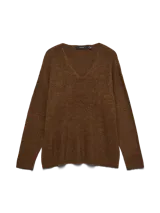 Sweater de punto color marrón con destellos brillantes, cuello en V, mangas largas con hombros caídos y calce holgado.