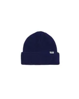 Gorro tipo beanie de tejido de punto acanalado, color azul marino, con doblez y etiqueta rectangular con logo de la marca Obey en el frente.