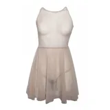 Vestido corto nude de malla transparente con bordes en contraste negro, diseño ajustado con body incorporado y falda evasé ligera.