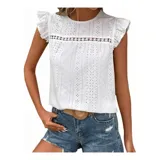 Blusa de tela broderie color negro, con cuello redondo, mangas cortas con volados y detalle de calado horizontal en la parte superior del pecho.