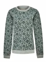 Buzo de algodón orgánico con cuello redondo y mangas largas. Presenta un diseño estampado con motivos florales y paisley en técnica flock sobre fondo gris.