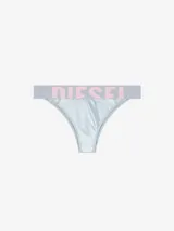 Bombacha de bikini de tiro alto color gris plateado brillante, confeccionada en tejido elástico con fibras recicladas. Presenta cintura elástica ancha con el logo de Diesel en rosa.