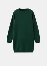 Vestido corto de punto fino, color verde oscuro, con cuello redondo y mangas largas. Presenta un diseño recto y minimalista.