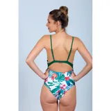 Malla enteriza con diseño combinado, parte superior en color verde petróleo con borde festoneado y parte inferior con estampado floral sobre fondo negro.