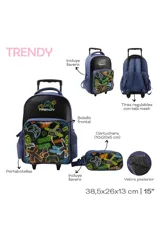 Mochila escolar con ruedas y manija retráctil, color azul oscuro y negro. Presenta un bolsillo frontal con estampado temático de videojuegos (controles, texto como "GAME OVER", "PLAY") en tonos neón. Incluye una cartuchera a juego con el mismo estampado.