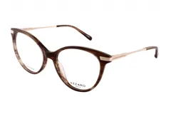 Armazón para lentes de acetato color marrón con detalles en dorado. Diseño mariposa con patillas delgadas y forma irregular.