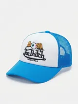 Gorra tipo trucker Von Dutch con frente blanco, visera y malla trasera en color azul. Presenta un bordado frontal con el logo de la marca y el icónico diseño de ojo alado.