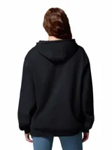 Buzo tipo canguro de la marca Columbia, color negro, con capucha ajustable mediante cordones, bolsillo frontal tipo canguro y puños y dobladillo acanalados. Presenta el logo de la marca bordado en el pecho.