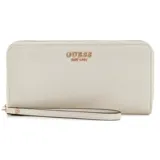 Billetera Guess modelo Amorette de color blanco, confeccionada en material sintético con cierre perimetral, herrajes dorados, logo de la marca en la parte frontal y correa de muñeca incorporada.