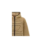Campera de corderito Diesel de color beige con capucha, cierre frontal negro y detalles de costuras decorativas oscuras que forman el logotipo de la marca.