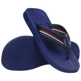 Ojotas Havaianas New Urban Way negras con tiras de tela rayadas en azul y blanco.