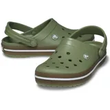 Zuecos Crocs modelo Crocband Clog Gum, color negro con banda lateral en tono caramelo y línea blanca. Diseño con orificios de ventilación, tira trasera pivotante y suela cómoda de espuma Croslite.