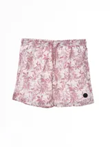 Short de baño con estampado de hojas color rosa y cintura elástica con cordón ajustable.