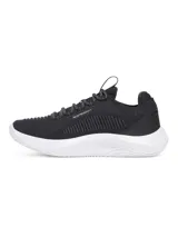 Championes de entrenamiento Under Armour modelo Dynamic 2, color negro con suela blanca. Presentan parte superior de tejido UA IntelliKnit para mayor suavidad y sujeción, mediasuela Flow para amortiguación reactiva y estabilidad lateral, y diseño sin suela de goma para una pisada más ligera.