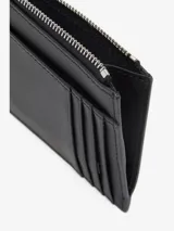 Billetera tarjetero negra de cuero con logo ovalado Diesel en relieve y cierre superior con cremallera.