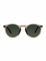 Lentes de sol con armazón redondeado de estilo vintage en color camel y cristales polarizados en color verde oscuro.