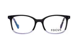 Armazón de anteojos Focus Premium con diseño rectangular, marco bicolor en tonos negro y violeta degradado, y patillas con estampado multicolor.