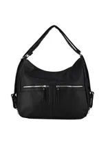 Bolso tipo hobo de cuero sintético color negro, con doble cierre frontal metálico y correa de hombro ajustable.