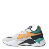 Championes Puma RS-X Hard Drive, zapatillas deportivas con diseño futurista y chunky. Combinación de colores gris claro, naranja vibrante, azul verdoso (teal) y azul oscuro. La capellada es de malla y gamuza sintética, con entresuela voluminosa blanca.