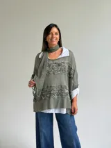 Sweater de punto color verde oliva con diseño de paneles horizontales de encaje floral, corte holgado y mangas tres cuartos. Incluye una bufanda del mismo tono y tejido, y se presenta superpuesto sobre una camisa blanca de cuello clásico.