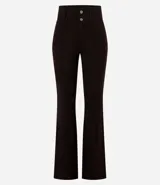 Pantalón acampanado de viscosa color marrón chocolate, con cintura alta, cierre frontal con botones y bolsillos traseros.