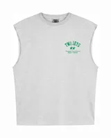 Musculosa gris melange de algodón orgánico, con corte holgado y sin mangas. Presenta estampa serigrafiada en el pecho de estilo universitario con la inscripción "TwoJeys" en color verde y dos estrellas, además de acabado dirty con look vintage.