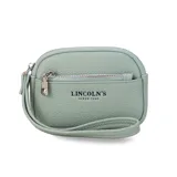 Monedero de mano con diseño rectangular y textura granulada, marca Lincoln's. Cuenta con cierre perimetral, bolsillo frontal con cierre y correa de muñeca integrada.