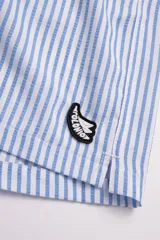 Short de baño celeste con rayas verticales blancas y logo bordado en negro en la pierna derecha.