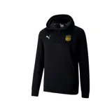 Buzo canguro Puma del Club Atlético Peñarol, color negro, con capucha ajustable con cordones, bolsillo tipo canguro, puños y cintura acanalados. Logo de Puma estampado en blanco y escudo del club bordado en el pecho.