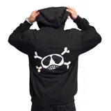 Canguro negro con capucha, bolsillo frontal y estampado del logo de La Vela Puerca en el pecho.