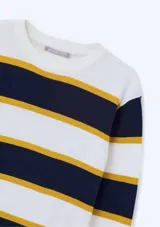 Camiseta de manga larga a rayas horizontales en blanco, azul marino y mostaza. Cuello redondo y corte clásico.