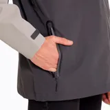 Chaqueta impermeable Merrell Mesquite Hardshell para hombre, con capucha ajustable, cierre frontal con cremallera, bolsillos laterales con cremallera y diseño de bloques de color gris y beige.