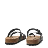 Sandalias de cuero graso color marrón habana, con diseño de dos tiras ajustables con hebillas metálicas y suela anatómica de corcho con base de goma antideslizante.
