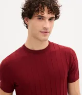 Remera slim de manga corta con cuello redondo, confeccionada en tejido de viscosa con textura de rayas verticales.