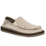 Zapatos tipo slip-on Sanuk modelo Donny Hemp, color beige, con diseño de talón plegable y costuras visibles en la puntera. Presentan ojales laterales para ventilación y suela de goma en tono marrón oscuro.