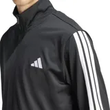 Conjunto deportivo Adidas compuesto por una campera con cierre frontal y cuello alto, y un pantalón de jogging con cintura elástica. Ambas piezas son de color negro con las icónicas tres franjas blancas en los laterales y el logo de la marca estampado en el pecho y en el muslo.